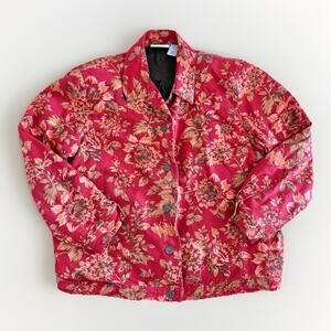 Alfred Dunner Women Barn Jacket Coat Size 14 Red Floral Button Up Beaded
